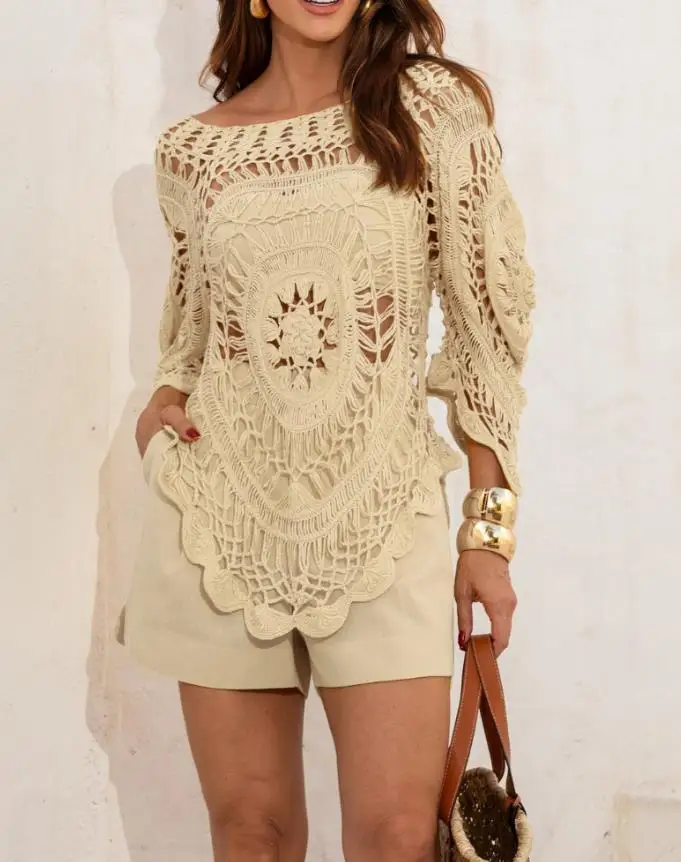 أفضل النساء 2025 ربيع جديد بلون قارب الرقبة Batwing كم الجوف التدريجي التباين الدانتيل فضفاض عادية التستر اليومي