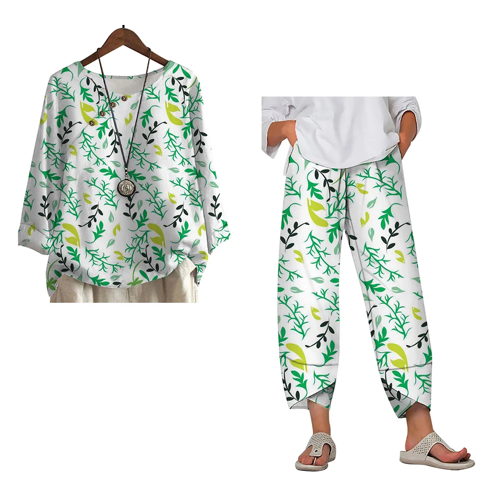 

CLOOCL Floral Blouse Pants for Women Leaves 3D Printing Long Sleeve Top and Trousers Spring Summer Female Two Piece Suits