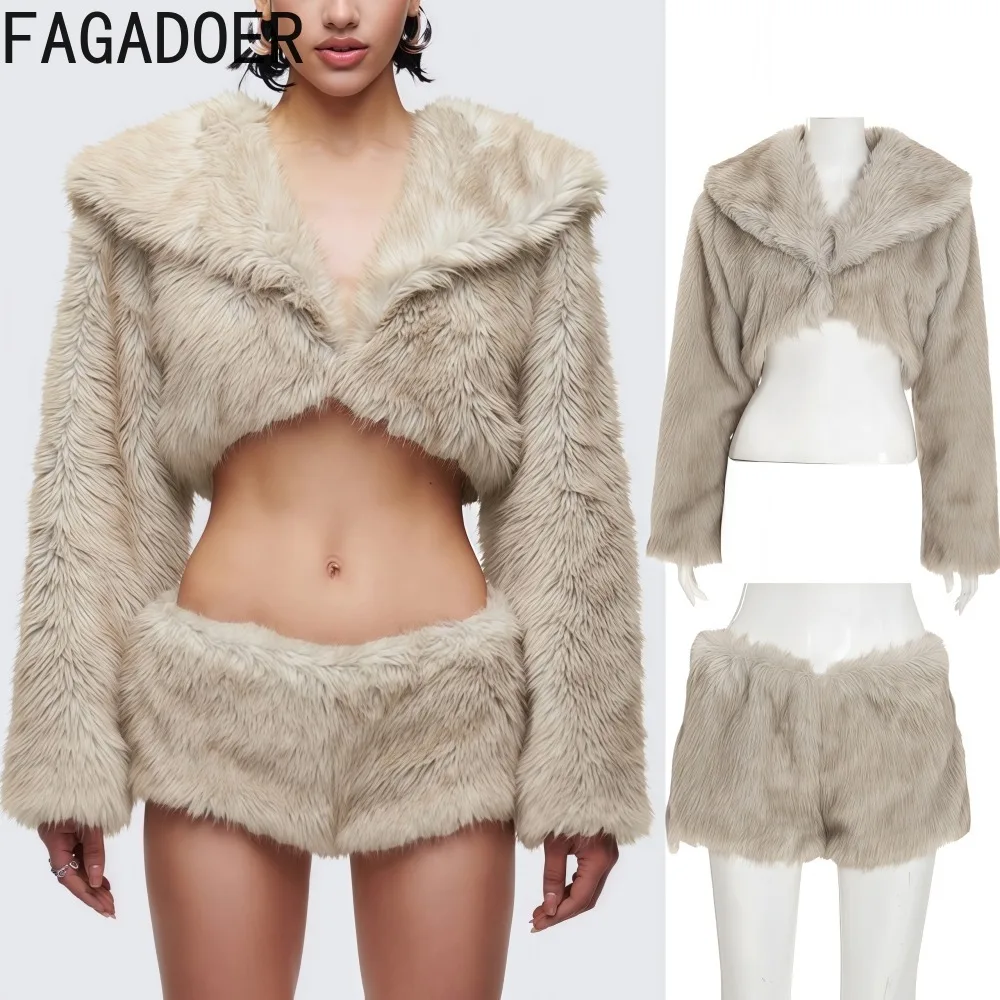 

FAGADOER Autumn New Sexy Fur Patchwork Jacket Women Solid Color Lapel Long Sleeves Crop Top + Shorts Female Streetwear Clothing