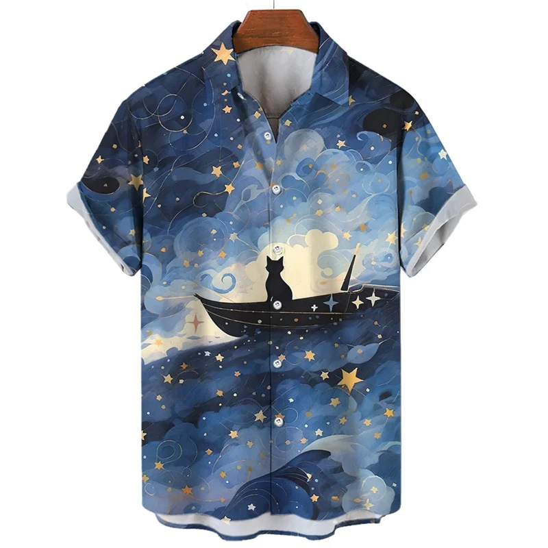 Hawaiian Shirts New Cartoon Anime Cat Pattern Print Short Sleeve Buttons T-shirt 2024 y2k Tops Summer Casual Womens Blouse Tees