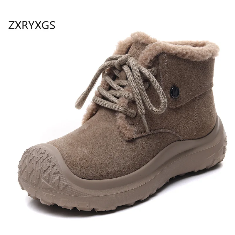 

ZXRYXGS Matte Cowhide with Plush Winter Sneaker Trendy Boots 2025 Cross-tied Round Toe Women Snow Boots Platform Elevator Boots