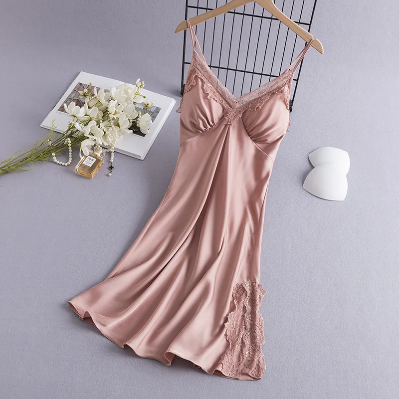 

Летняя женская ночная сорочка с кружевом, пеньюар, сексуальное атласное домашнее платье на бретельках, одежда для дома и отдыха