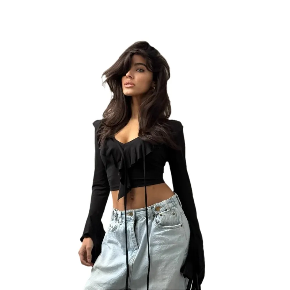 Damska koszulka z długim rękawem w stylu amerykańskim, wiosna-jesień, obcisła i wyszczuplająca, elastyczny dekolt w kształcie litery V z