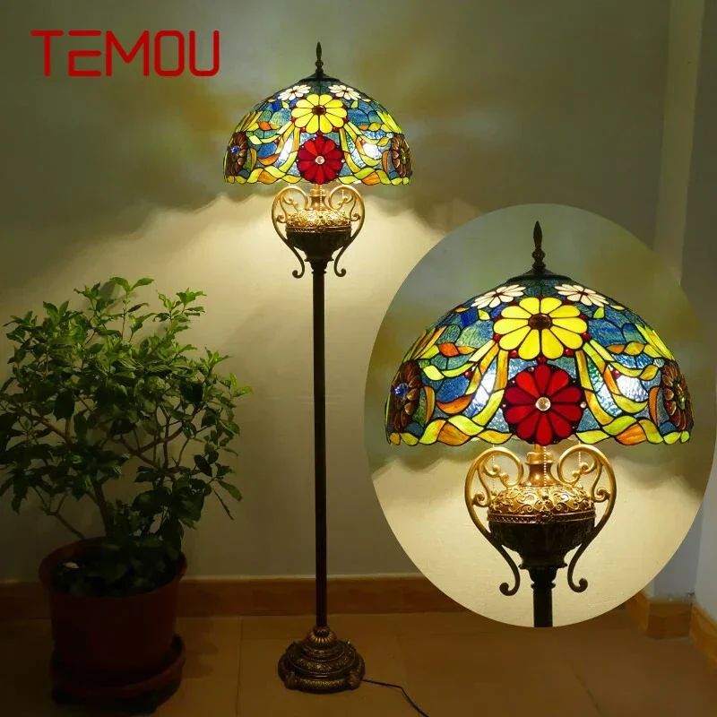 

TEMOU Tiffany Floor Lamp American Retro Living Room Bedroom Lamp Country Stained Glass Floor Lamp