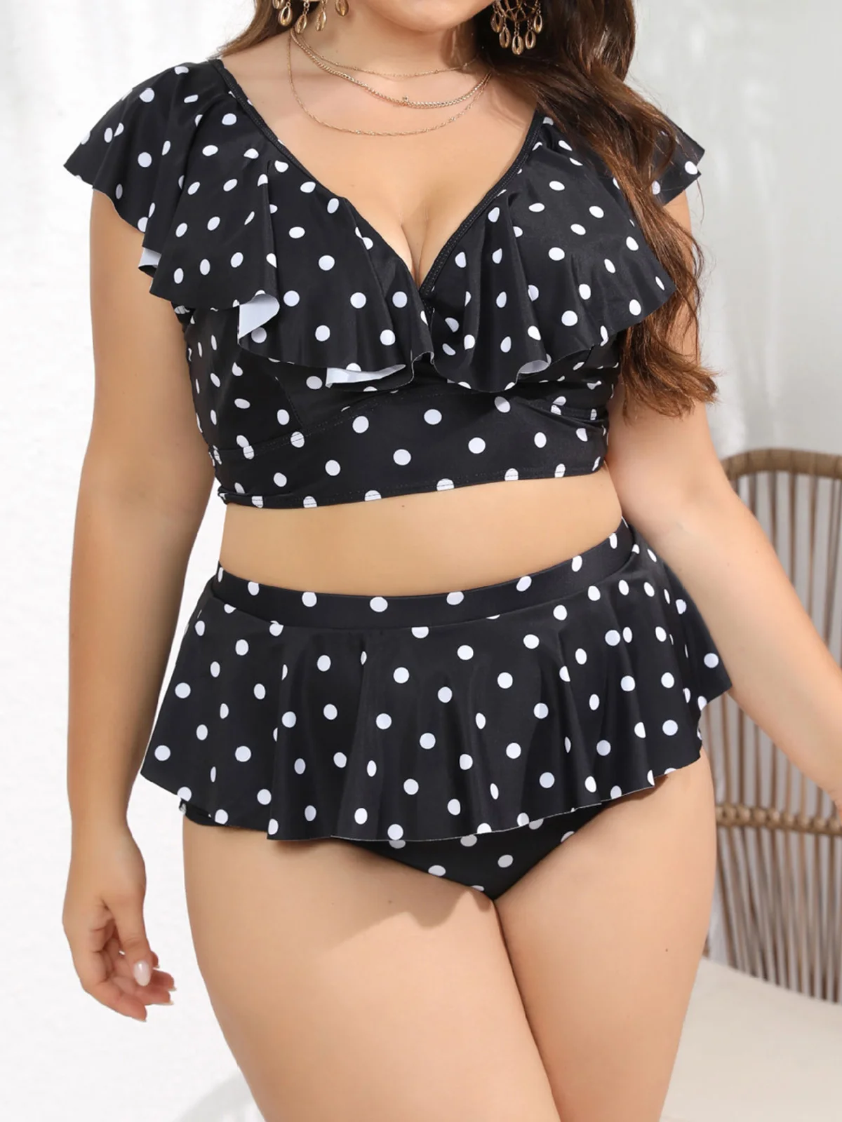 

Купальник в горошек больших размеров 0XL-4XL, женский раздельный купальник больших размеров, комплект бикини из двух частей, купальный костюм V3745