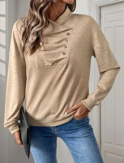 

Vintage Women's Sweatshirts Autumn Solid Color Casual V-Neck Long Sleeve Folded Button Decoration Hoodies Pullover Blouse