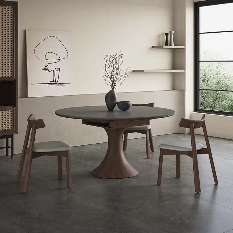 Wabi Sansan Foldable Round Solid Wood Slate Dining Table and Chair Combination Household Small Apartment Modern Simple