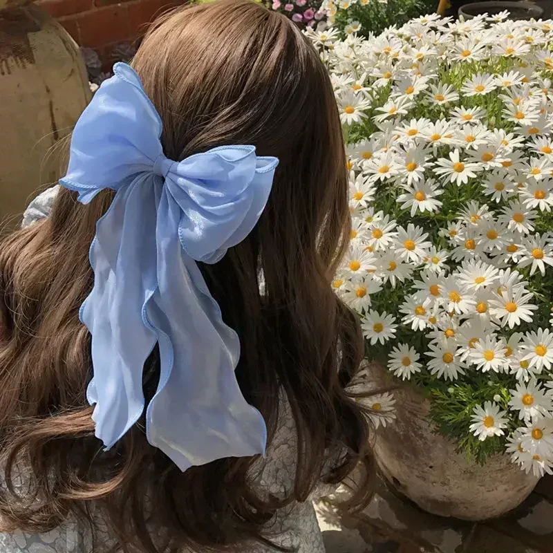 Chiffon Bow Hair Clips Girls Sweet Blue Shining Satin Bowknot Hair Clips Ribbon Bow Barrette Hairpin Grip Ponytail Clip Headwear