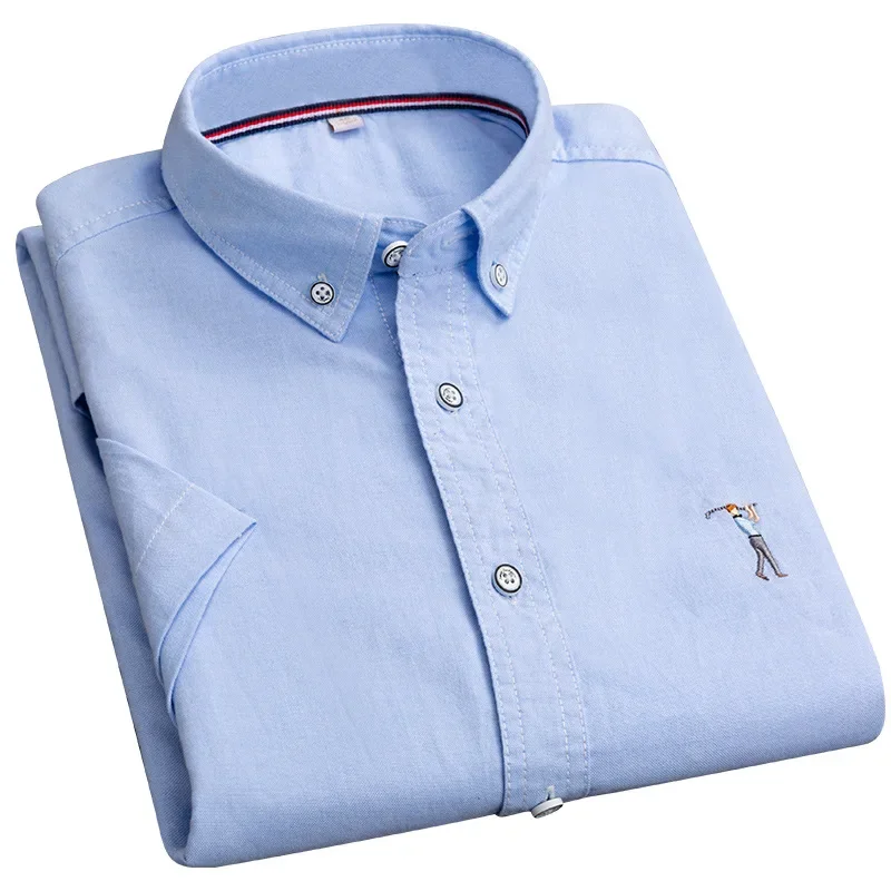 100% Color Oxford Spinning Casual Embroidery Young New Summer Short-sleeved Shirt Men's Solid Slim-fitting Shirt Short Men