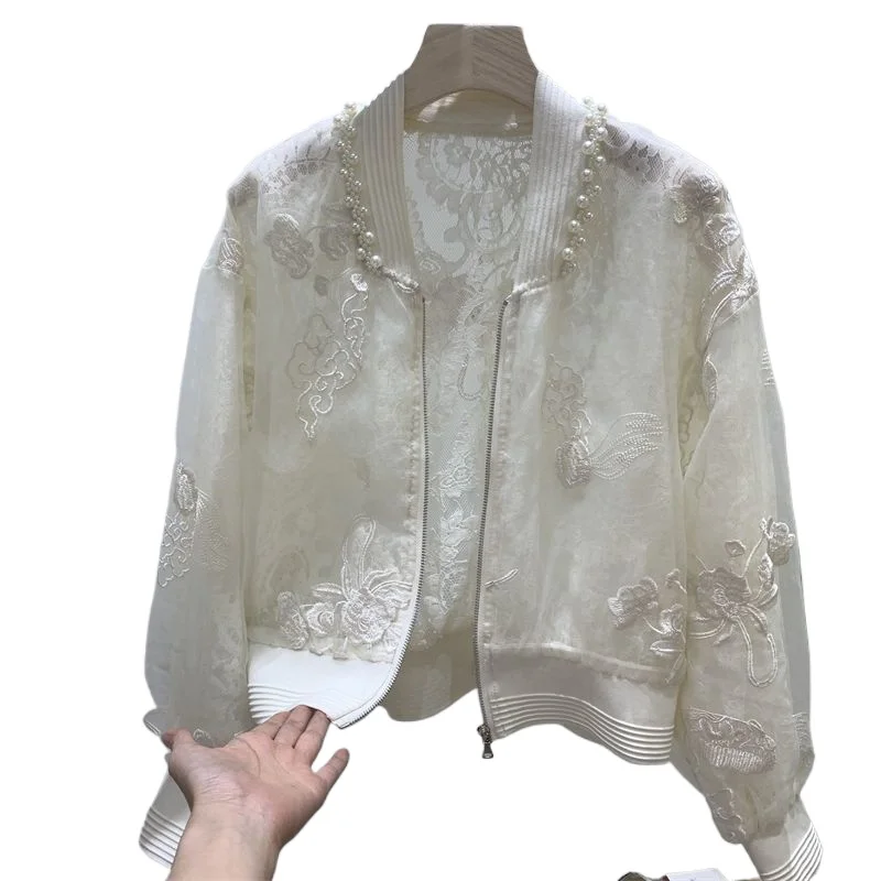 Summer New Chinese Style High-grade Bead Embroidered Sunscreen Jacket Round Neck Design Baseball Jacket Top Temperament Commute