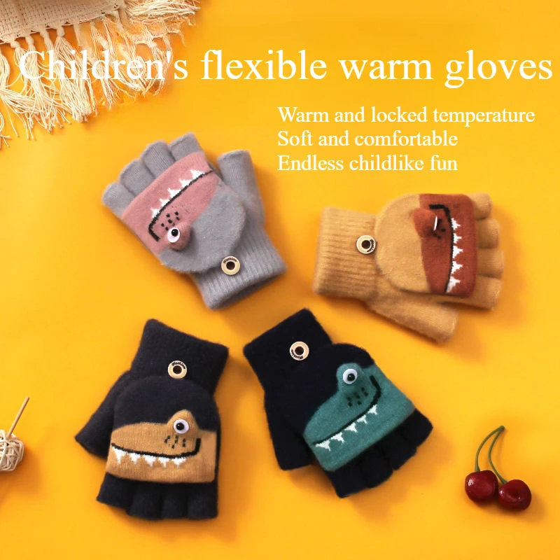 Children's Winter Thick Warm Gloves Fingerless Faux Fur Cartoon Gloves Writing Convertible Flip Top Half Finger Mittens 5-12Y