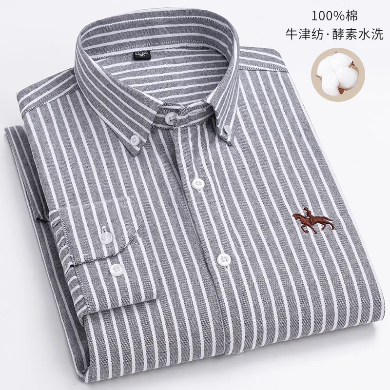 

2025 Pure Cotton Oxford Man Leisure Embroidered Horse Shirts Streetwear Oversized Men Shirt Floral Long Sleeve Casual Plus Size
