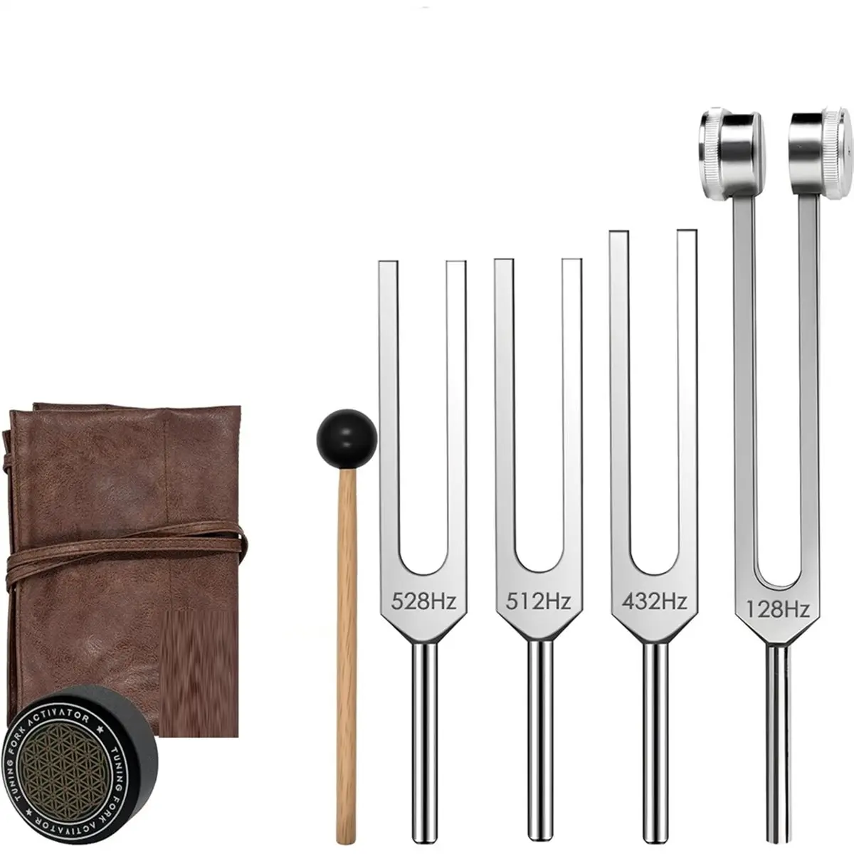 A56K Tuning Fork Set - 128Hz 432Hz 512Hz 528Hz Weighted & Unweighted Frequency Tools with Activator, Mallet & Vegan Pouch