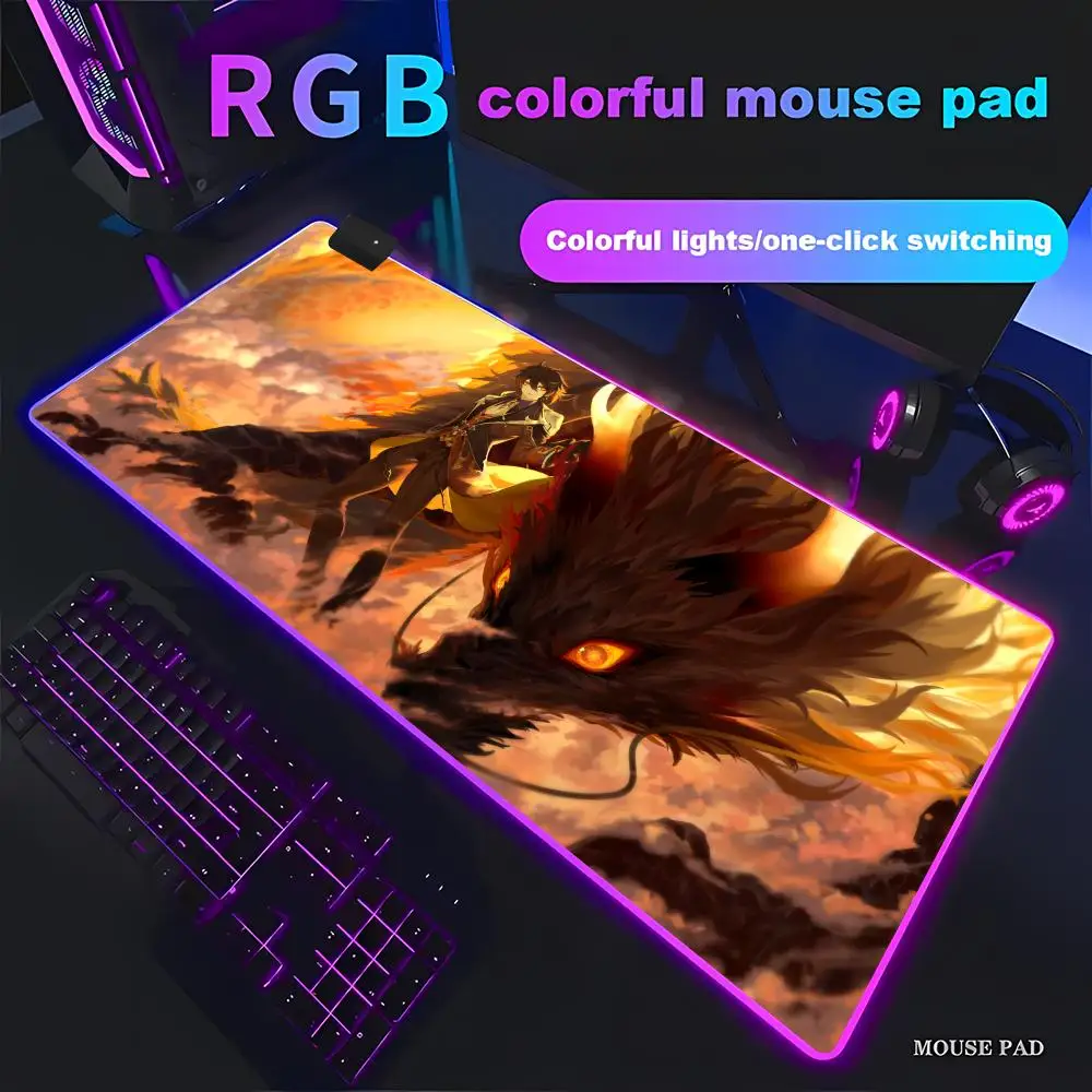

HYBXAXC Genshin Impact Zhongli Mouse Pad Animation Games Beautiful RGB HD Gamer Large LED Light PC Computer pad Non-slip Decor