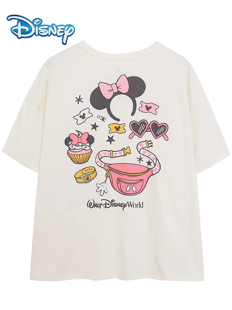 

Замок мира Диснея с буквенным принтом спереди и сзади, футболка с принтом Минни Микки Мауса и Минни, милая женская футболка с короткими рукавами, пуловер с круглым вырезом, топы