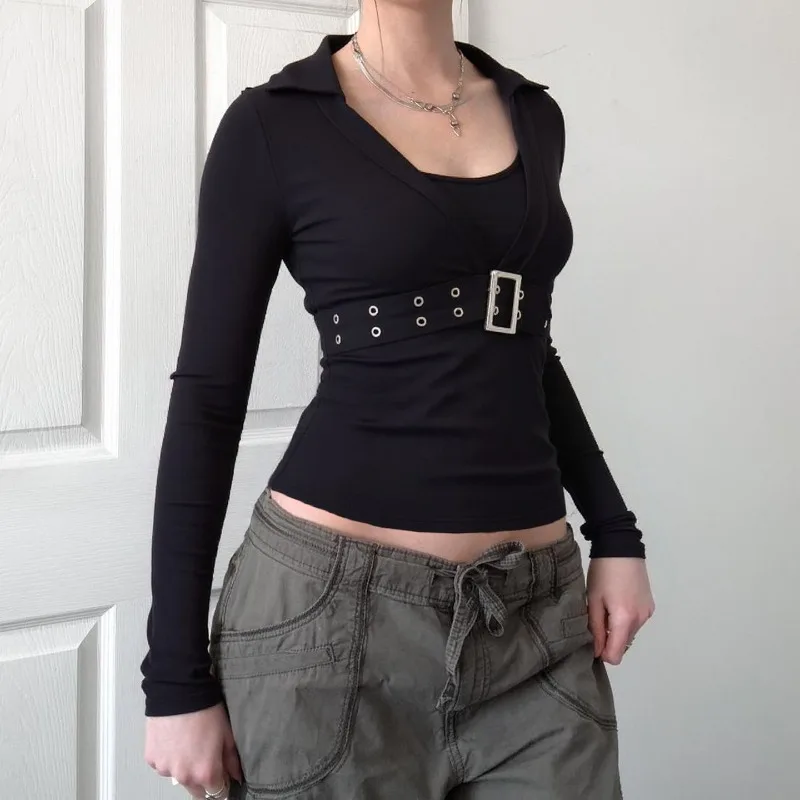 Dark Style Metal Buckle V-shaped  Collar Slim Fit T-shirt Personalized American Style Spicy Girl Casual Edition Long Sleeved Top