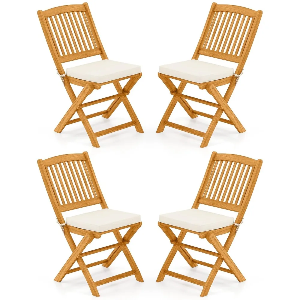 

4 Pieces Folding Outdoor Dining Chairs, Acacia Wood Patio Chairs with Soft Cushions, Slatted Backrests and Seats, Customized