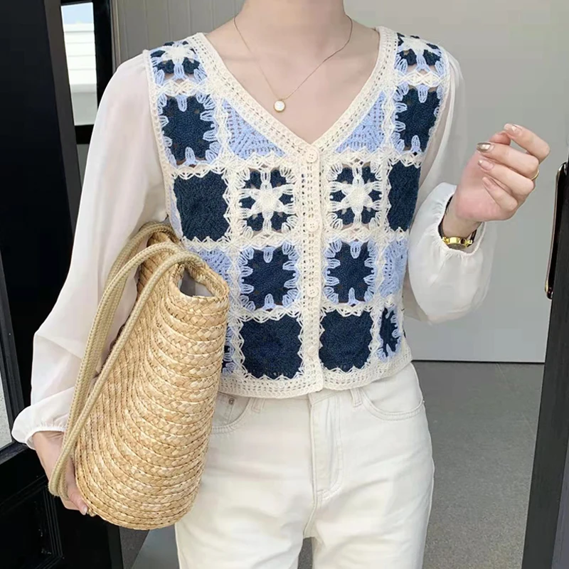 Girls Kawaii Chiffon Stitching Hollow Out Jacquard Weave Button Up Lace Blouse Women New Fashion Casual Vintage Cute Tops Female