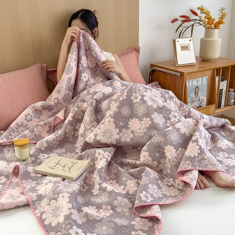 100% Cotton Three-Layer Yarn Towel Blanket Luxury Printed Nap Blanket for Office Bedroom High End Blanket Shawl for All Seasons