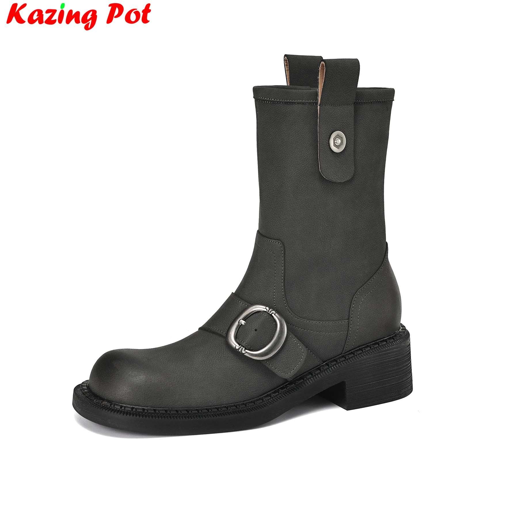 Krazing Pot Vintage Cow Leather Chunky Med Heels Modern Western Boots Brand Casual Belt Buckle Comfort Ins Winter Mid-calf Boots