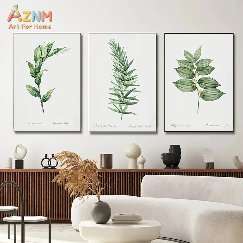 AZNM Vintage Botanical Green Leaf Latin Text Canvas Poster, Frameless Minimalist Plant Wall Art For Living Room Sofa Backdrop Ho