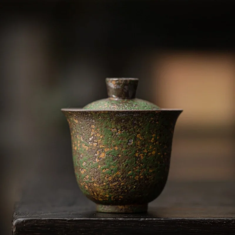 130ML Wizard Green Ercai Cover Bowl Retro Old Rock Mud Kiln Change Tea Bowl Cover TeaCup KungFu TeaSet Tea Bowl  Tea Ceremony