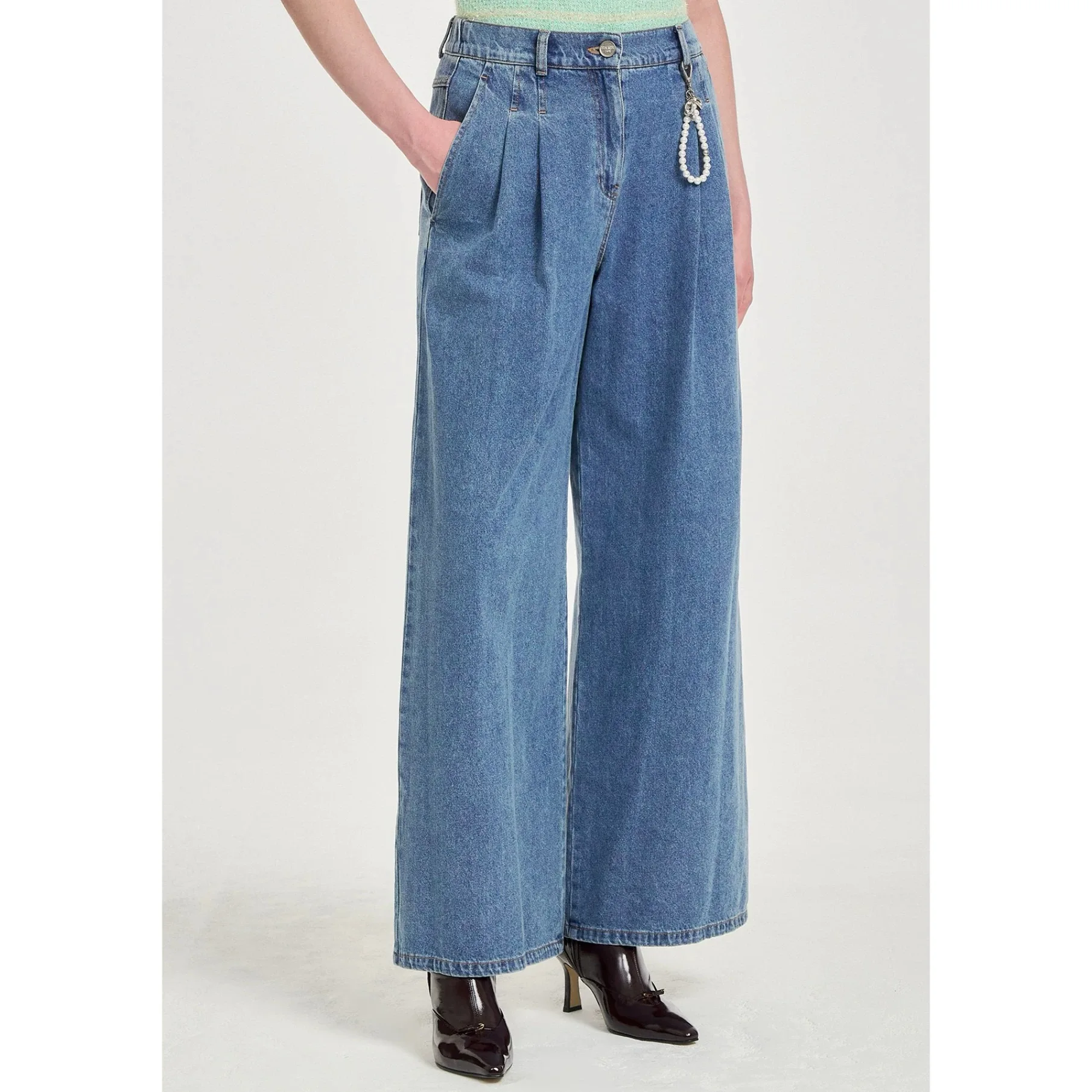 الجلود الجبن OBZ25 الخريف عارضة Faion مزدوجة الوجهين مطوي فضفاض مستقيم الساق واسعة الساق الجينز عالية الخصر سستة Sle