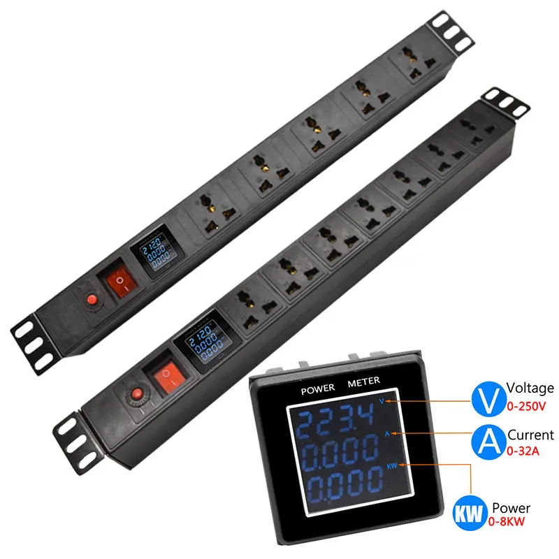 19 Inch Cabinet Mount pdu power strip with Digital V/A/W Power Meter Switch 4/6AC Universal Outlets Overload Protection