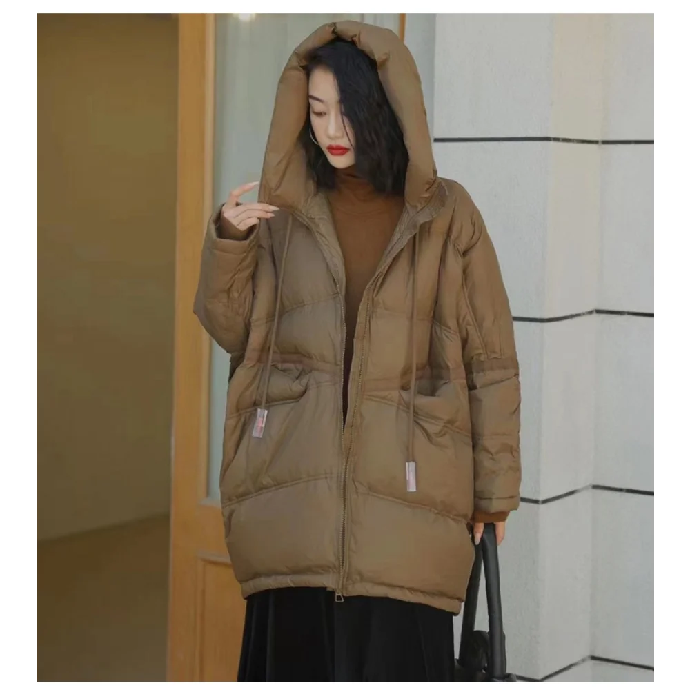 Women's Winter Mid-length Hooded Down Jacket, Korean Version, Loose, Thickened, Large Size, White Duck Down, Bread Clothing