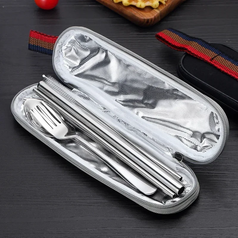 Couverts de voyage réutilisables en acier inoxydable, ustensiles de camping, cuillère, fourchette, baguettes, paille, étui portable, 8