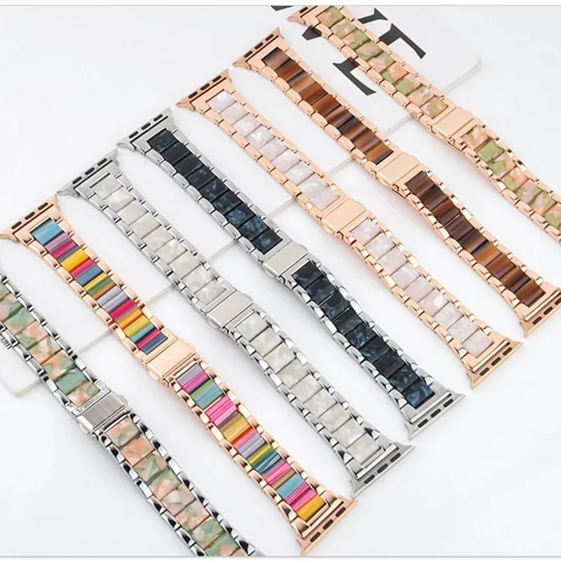 Stainless Steel Woman Watch Bands For Apple Watch Series 7 6 SE 5 Resin Strap 42 40 44 41 45mm Bracelet Loop For iwatch Wrist
