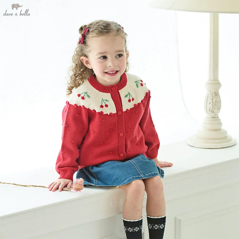 Dave Bella Children's Sweater Cardigan Tops Sweet Cute Autumn Red Knitted Long Sleeve Coat for Girls Baby Outdoor DB3253536