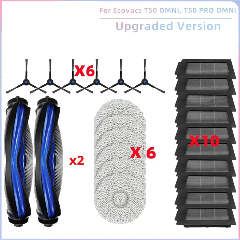 【Berserk】ECOVACS T50 PRO OMNI 및 T50 OMNI용 종합 청소 키트: 메인 롤러, 사이드 브러시, HEPA 필터, 걸레 천, 먼지