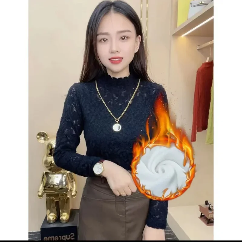 2025 Autumn Brushed Lace Bottoming Winter New Plus Velvet to Keep Warm and Thicken High Collar Long-sleeved Top