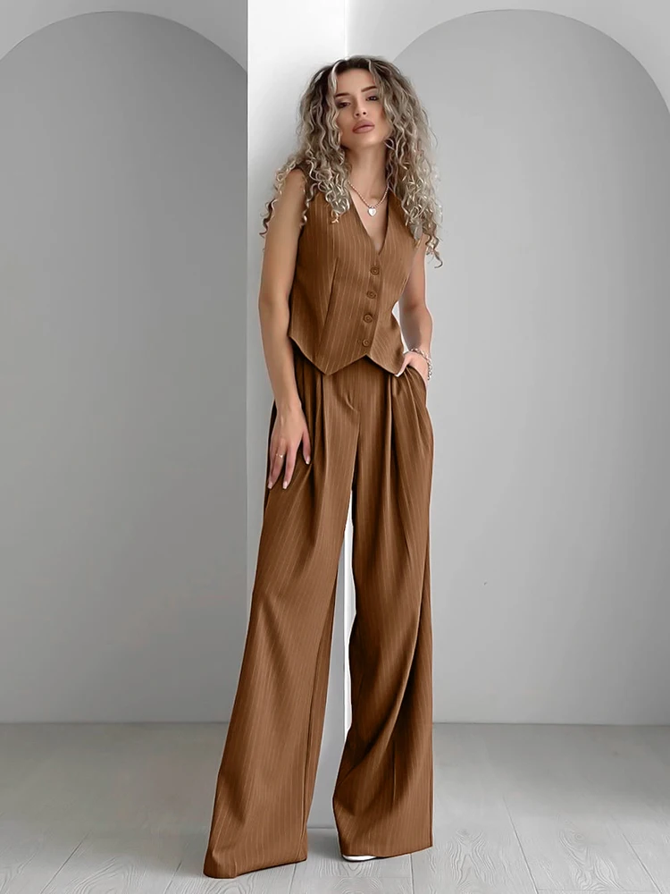 New Two piece Set for Woment Brown Vintage Striped V Neck Sleeveless Vest Long Wide Leg Pants Set Summer European Autumn