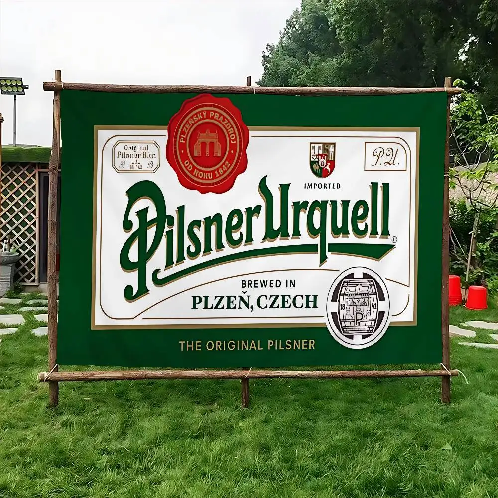 P-Pilsner U-Urquell Beer Logo Small Size Cheerleading Banner Hand Pulled Flag Outdoor Atmosphere Flags