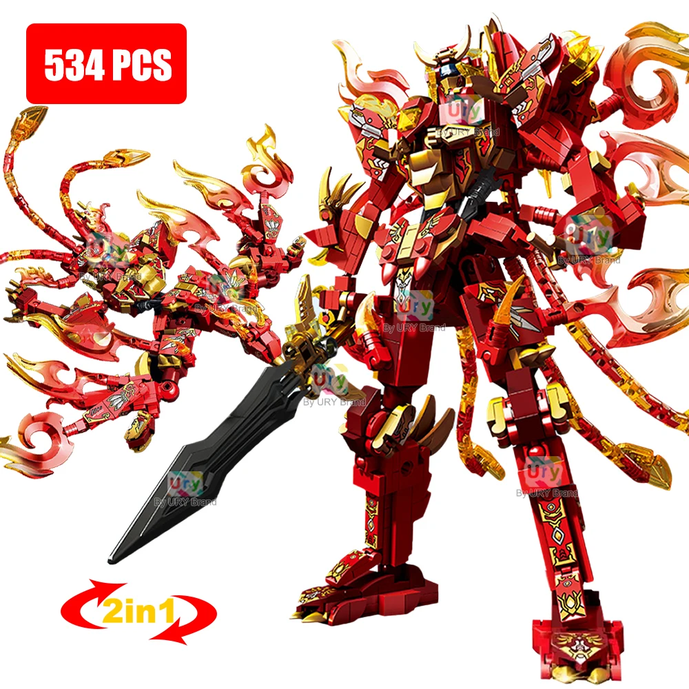 2in1 Ninja Movie Red Warrior Robot Battle Mecha Flying Fire Dragon Set Fighter Building Blocks Toy for Kid Boy Christmas Gift