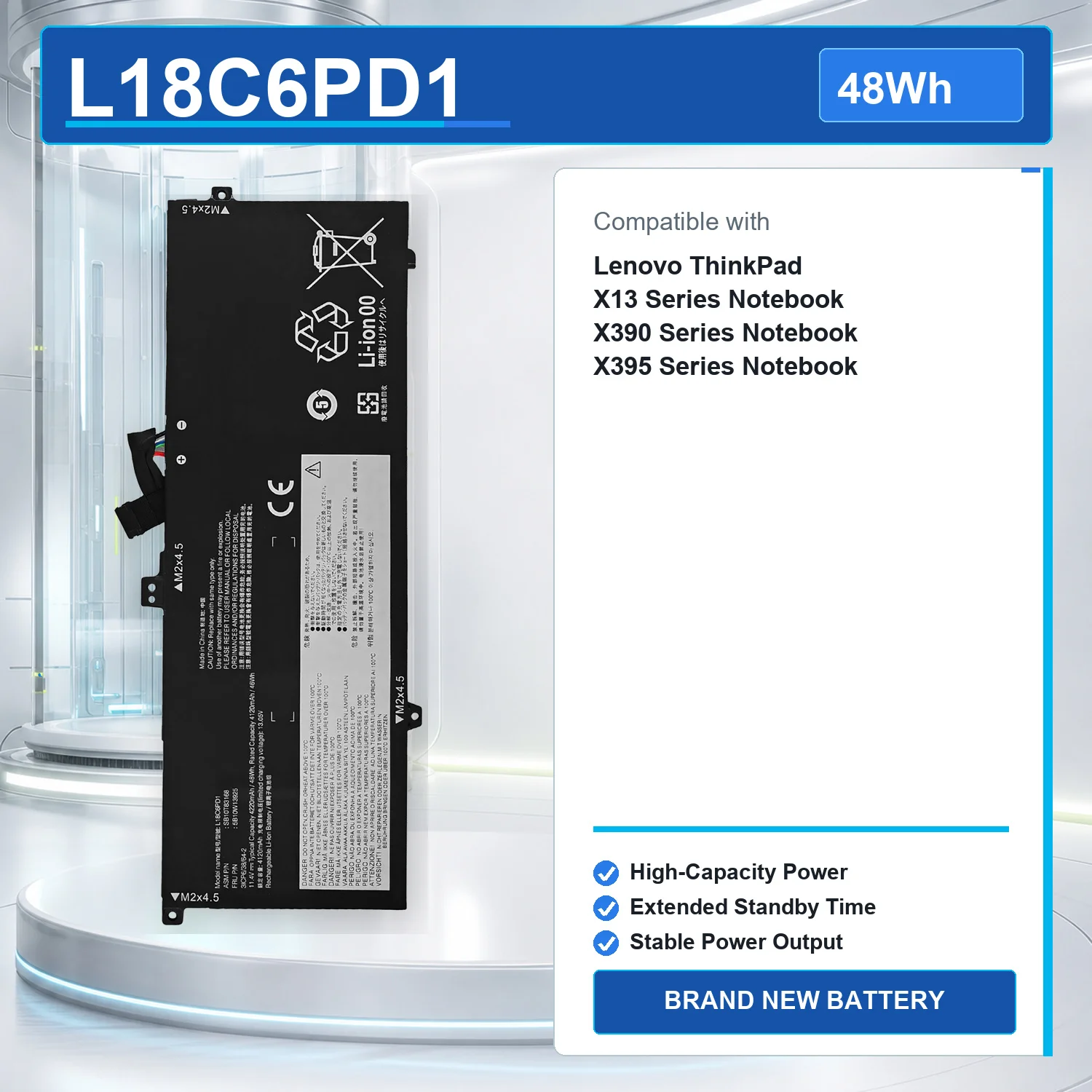 L18C6PD1 48Wh 11.4V Laptop Battery For Lenovo ThinkPad X13 X390 X395 SB10K97655 02DL017 L18M6PD2 02DL018 L18C6PD1