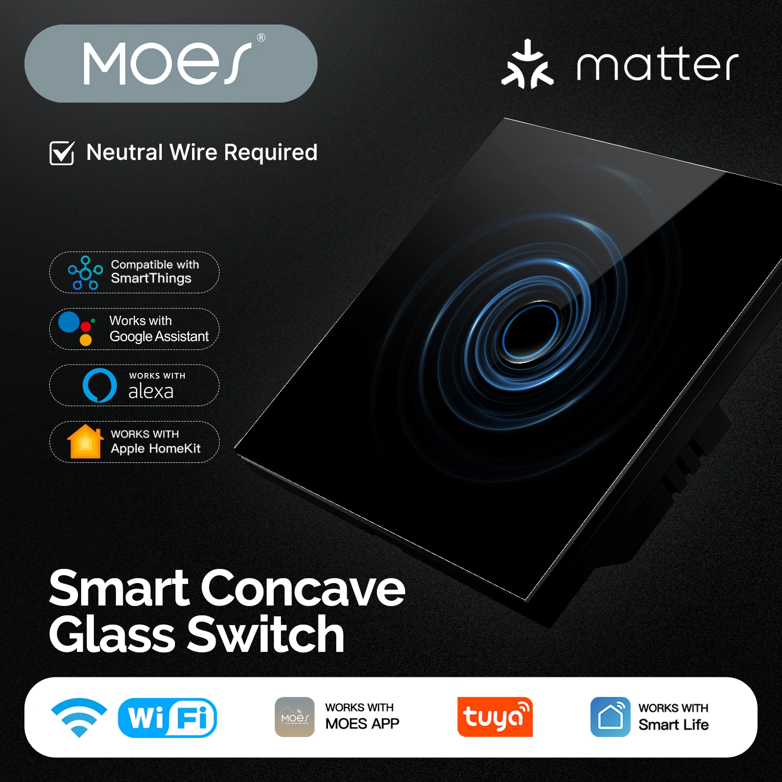 

MOES Smart WiFi Switch,Works with Alexa Google Home & Apple HomeKit,Tuya App Control,Neutral Wire Required,Glass Panel Design