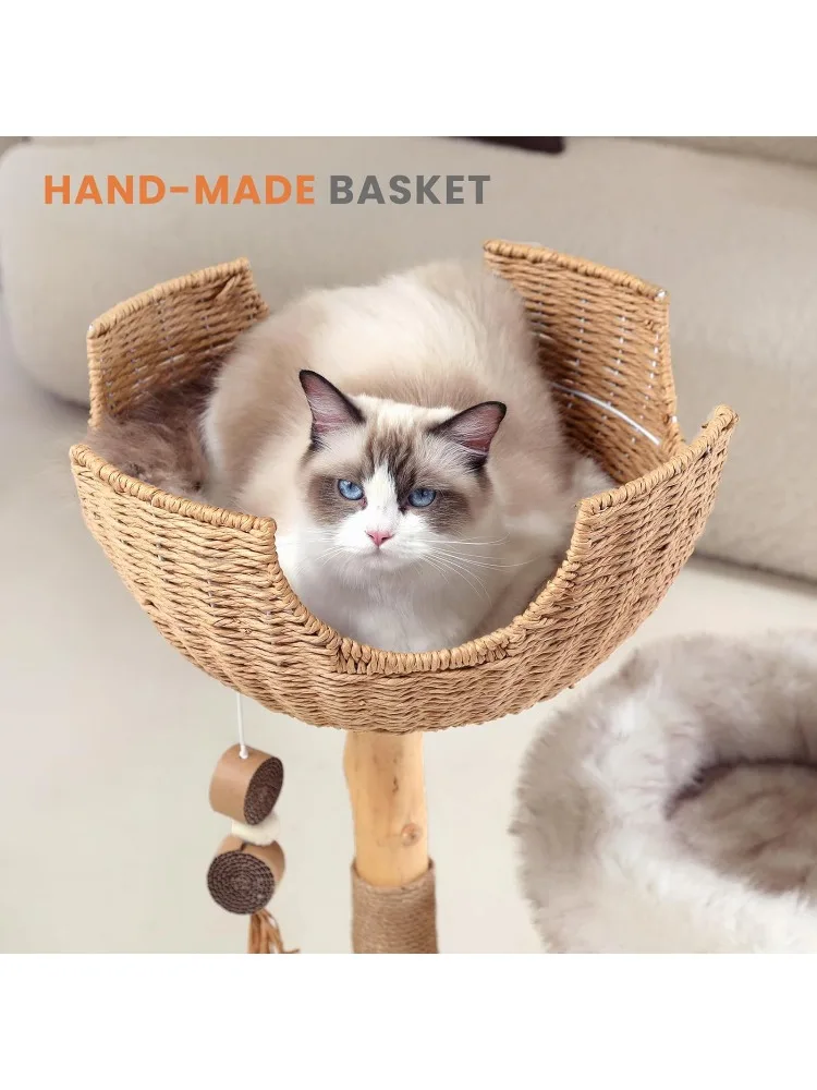 Tower with Two Real Branches, 44 INCH Wood Modern Cat Tower with Luxury Cat Condo, Cat Scratching Post, Jumping Platfor