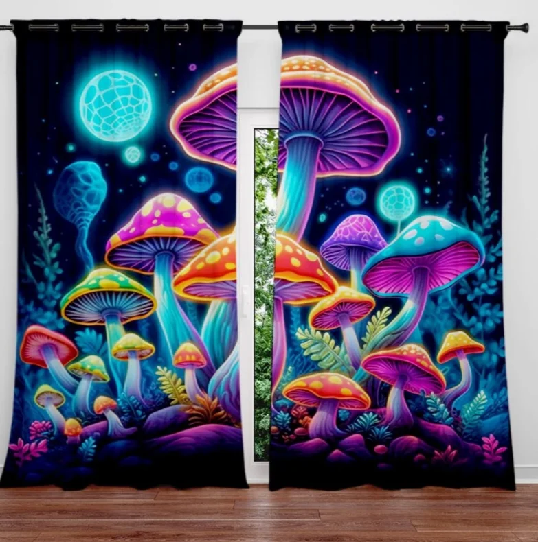 2pcs Window Curtains Mushrooms Pattern Curtain Decor Fantasy Collage Curtains Living Room Bedroom Kitchen Bathroom Home Decor