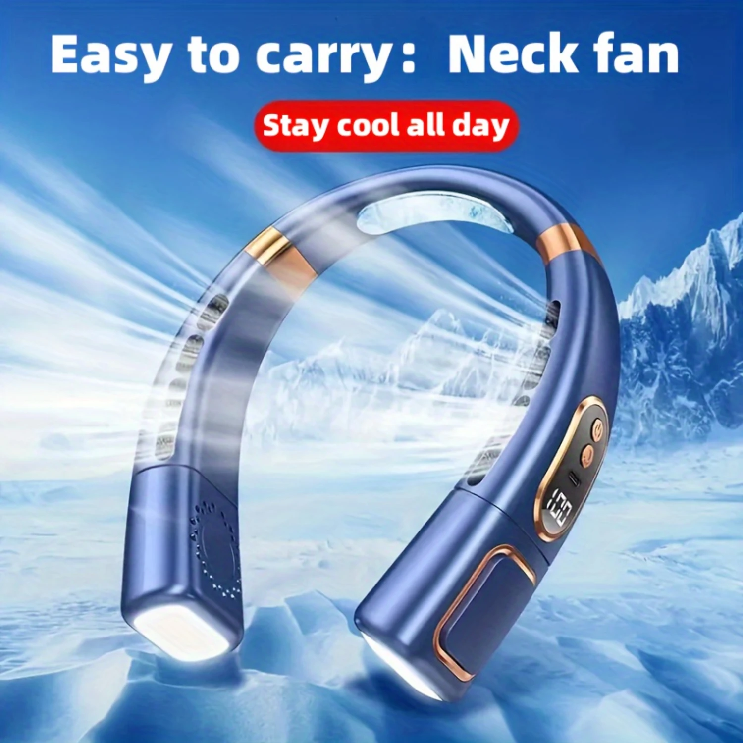 1pc, Summer Must-have Wearable Personal Portable Hanging Neck Fan, USB Charging 5-speed Adjustable - Digital Display Battery Cap