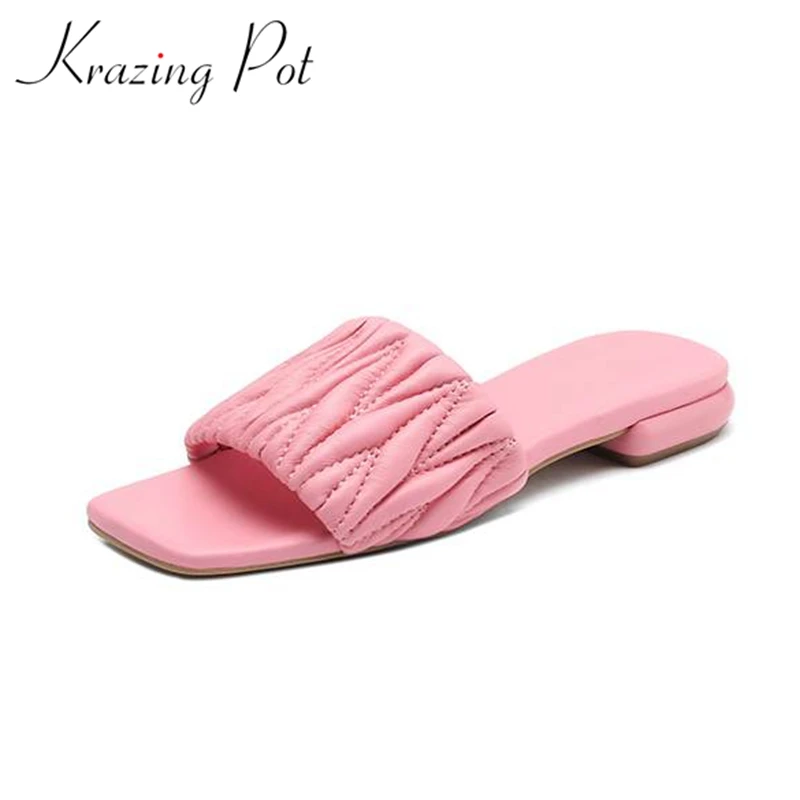 

Krazing Pot Sheep Leather Mules Flip Flops Leisure Summer Shoes Peep Toe Pleated Decoration Women Fashion Outside Slippers Ins