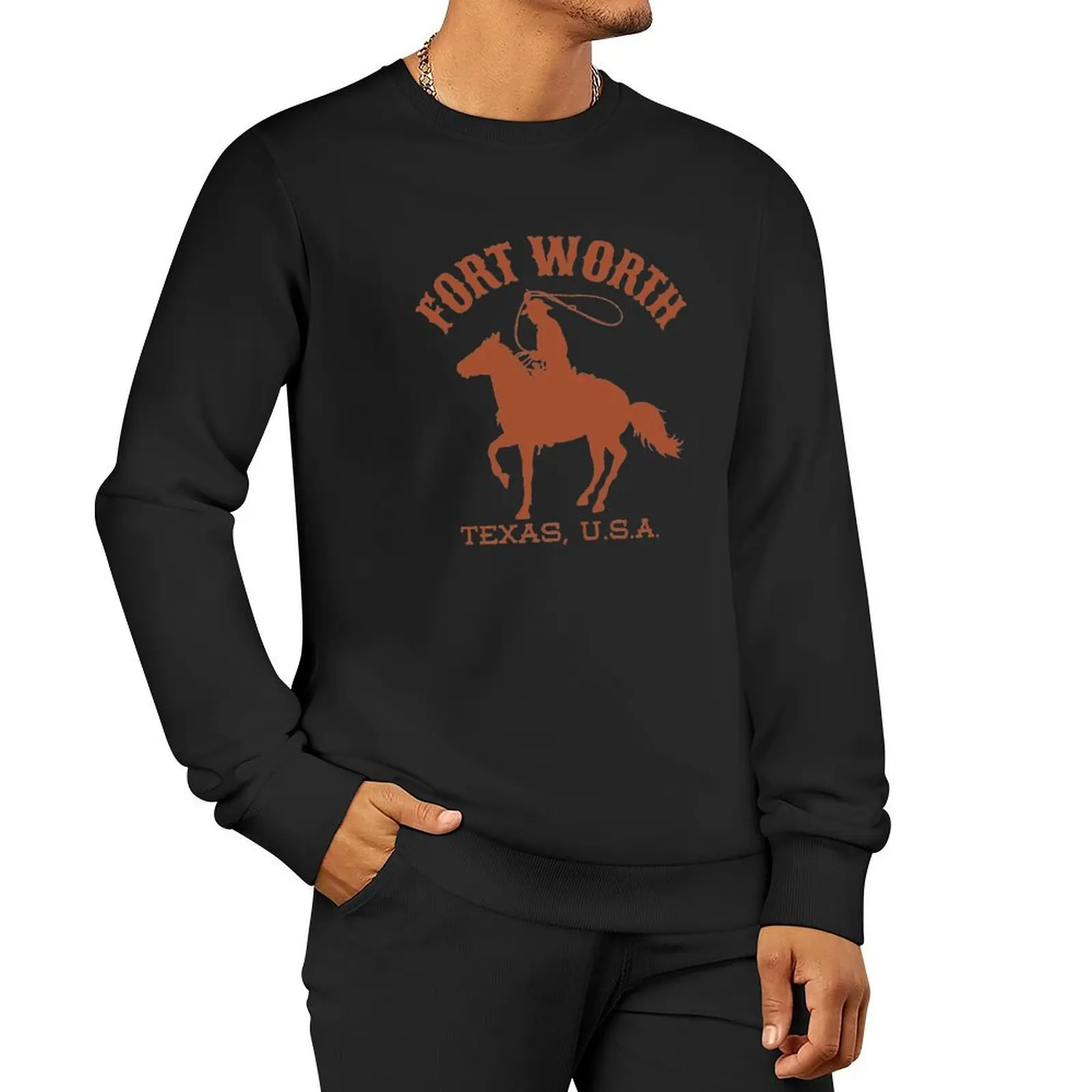 Vintage-Style Fort Worth Texas U.S.A. - Brown - Cowboy / Western / Wild West Pullover Hoodie streetwear men graphic sweatshirts