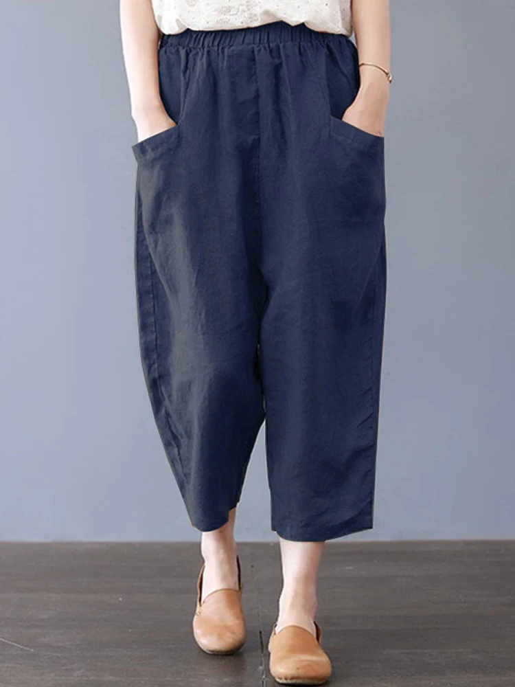 ZANZEA-Pantalones largos tipo caftán para mujer, pantalón bombacho liso con cintura elástica, estilo Palazzo, informal, de gran tamaño, de algodón,