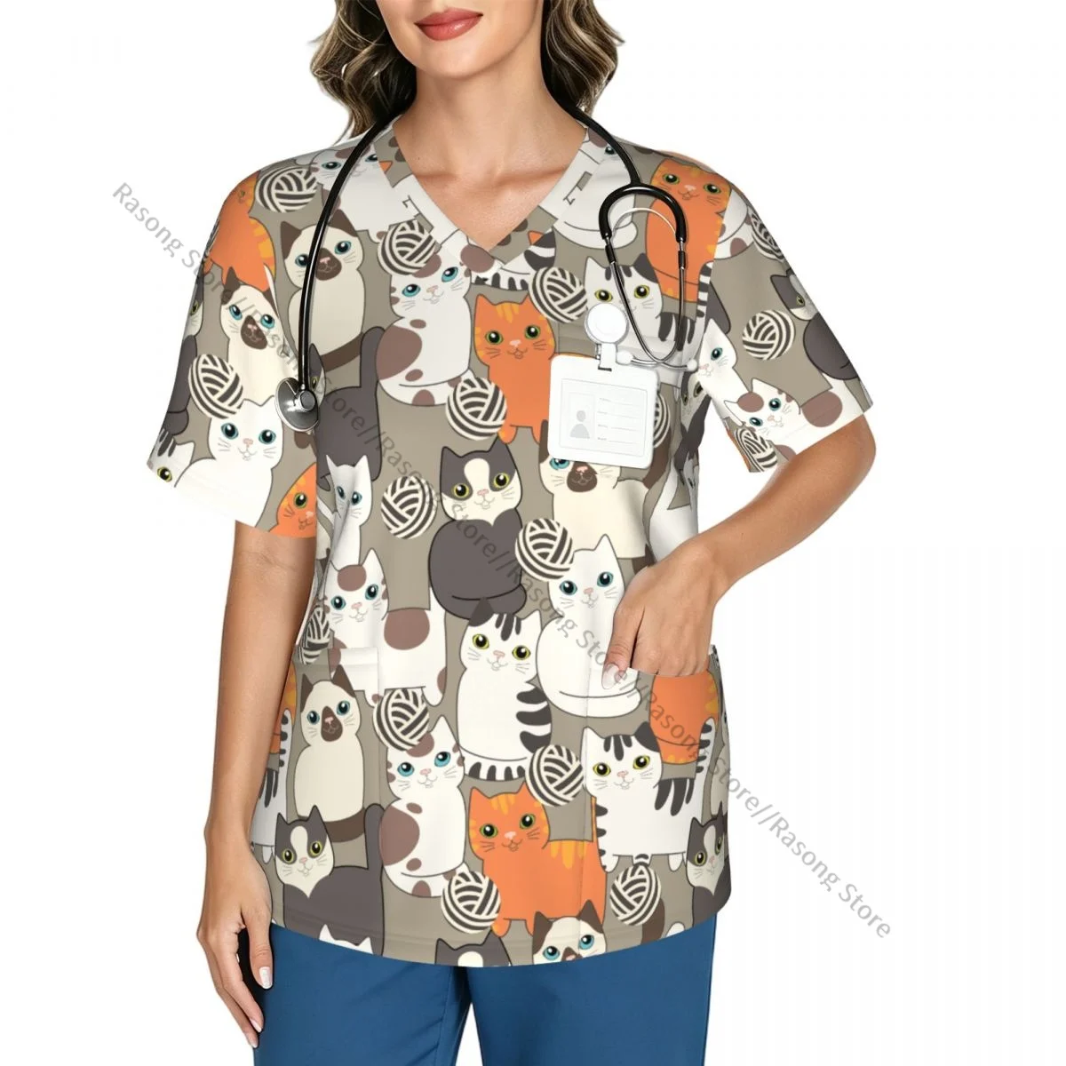 Women's Medical Scrub Top V Neck Short Sleeve Funny Cartoon Cats Pattern Stretch Nursing Uniform for Hospital Clinic