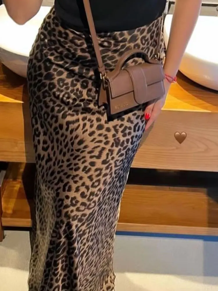 Hh 2024 feminino elegante midi saias retro leopardo impressão de cintura alta cetim a linha moda feminina bottoms streetwear saia midi