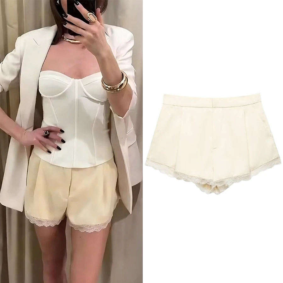 

Women Vintage Casual Chic Shorts Women Chic Lace Pockets Zipper Shorts Female New Fashion Spring Summer Holiday Shorts