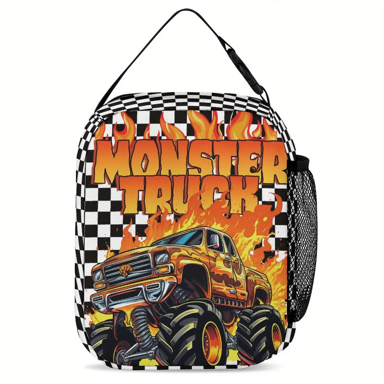 Monster Truck Insulated Lunch Bag Cooler with Vibrant Flame Design Durable Polyester, Black Orange Checkered Pattern