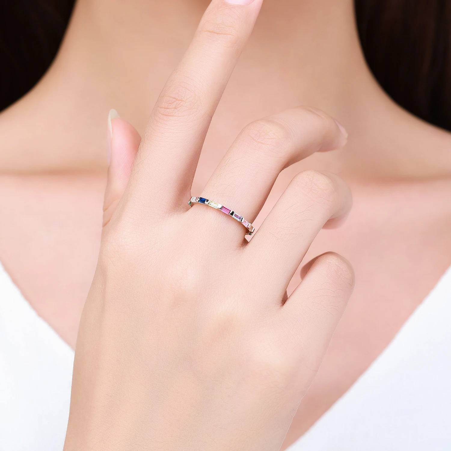 Modian Authentic 925 Sterling Silver Rainbow Emerald cut Rectangle CZ Finger Rings for Women Wedding Band Engagement Jewelry
